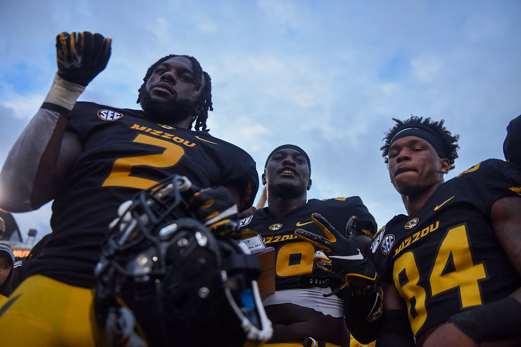 From Left, Missouri DB Demarkus Acy, Jamie Pettway and Maurice Massey